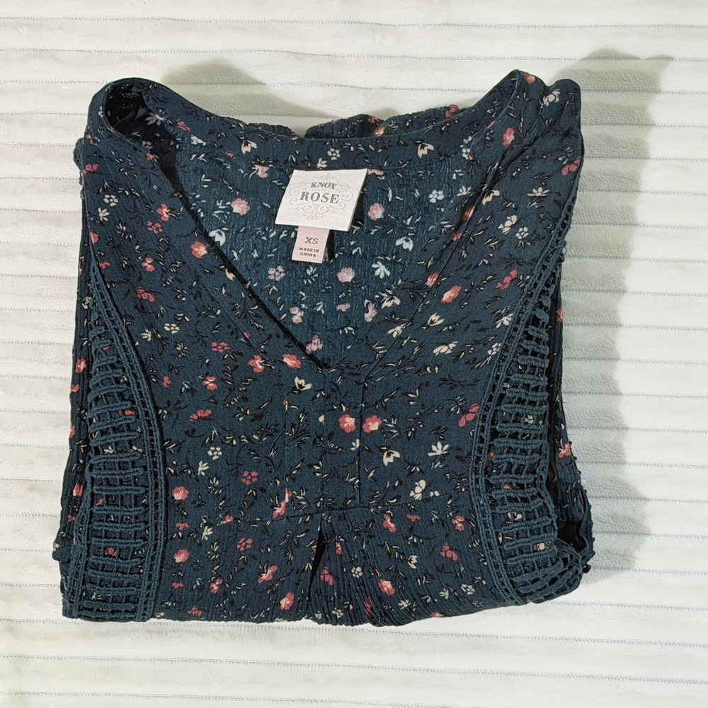 Knox Rose, High Low, Evergreen Ditsy Floral Short Dress Cottagecore, Boho XS